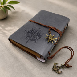 Promosyon Gri Deri Kapaklı Pusula Desenli Defter