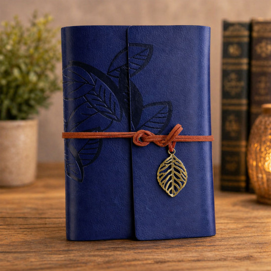 Promosyon Yaprak Desenli Lacivert Deri Defter